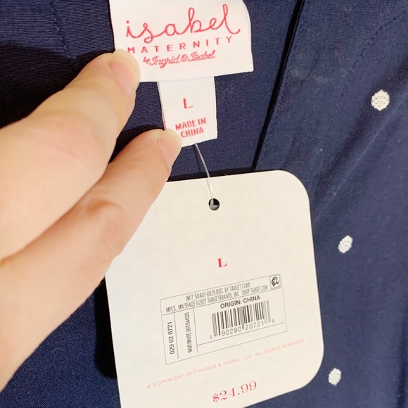 NWT Isabel Maternity (size L)Navy Polka Dot Short sleeves, keyhole ties, Top - Picture 10 of 11